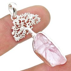 7.80cts natural pink rose quartz rough 925 silver tree of life pendant u49046