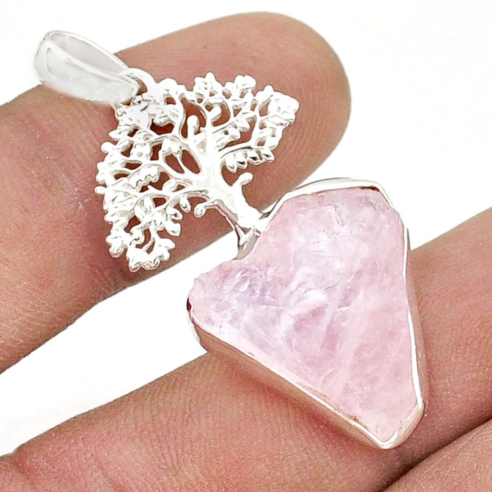 10.60cts natural pink rose quartz rough 925 silver tree of life pendant u49047