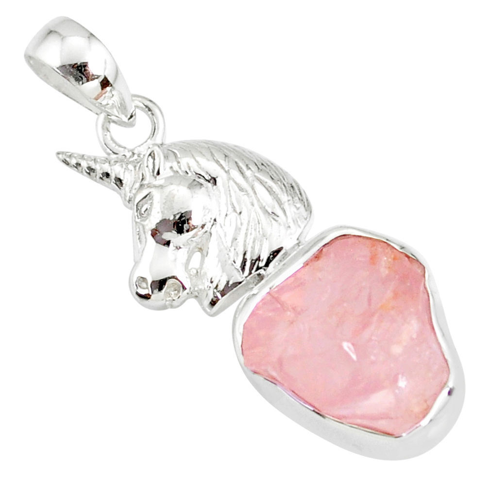 8.70cts natural pink rose quartz rough 925 sterling silver horse pendant r81002