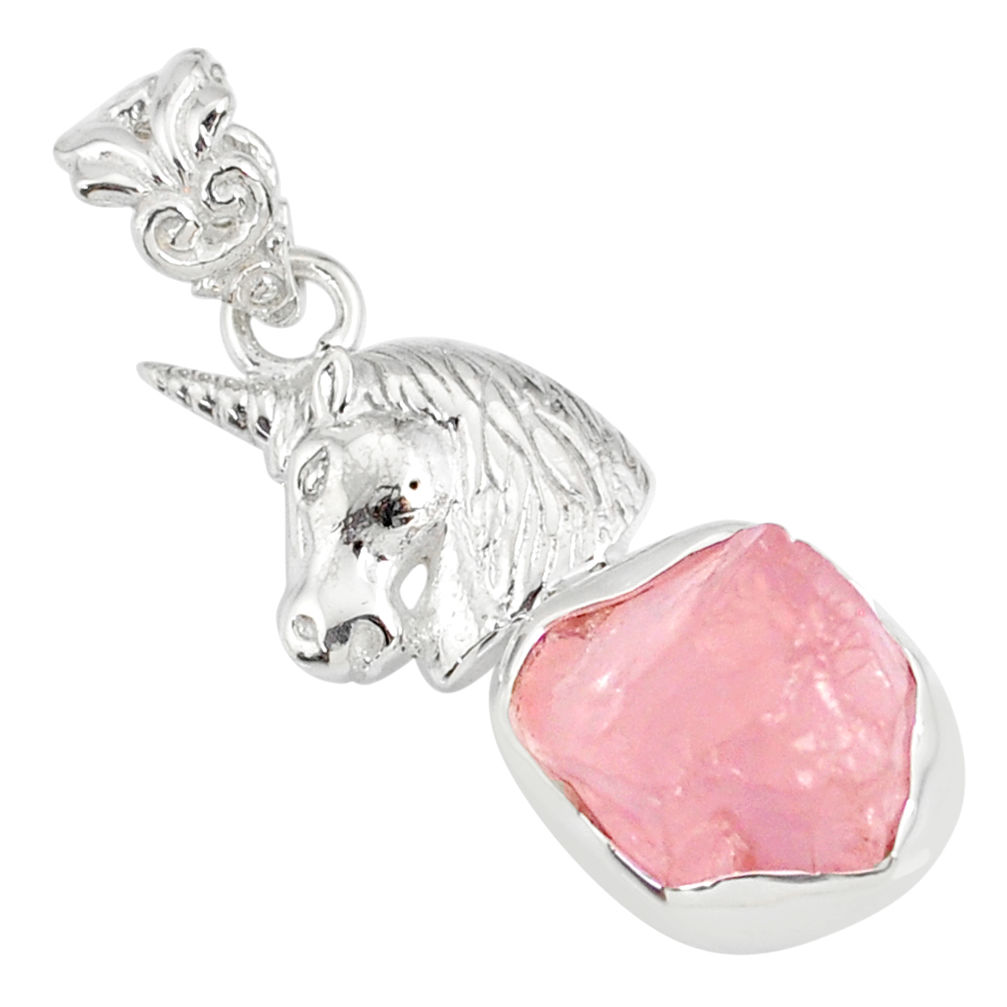 8.67cts natural pink rose quartz rough 925 sterling silver horse pendant r81003