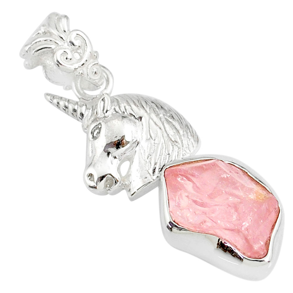 8.14cts natural pink rose quartz rough 925 sterling silver horse pendant r81007