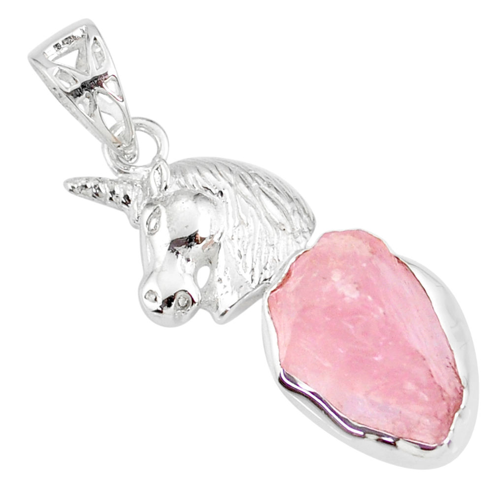 9.63cts natural pink rose quartz rough 925 sterling silver horse pendant r81011