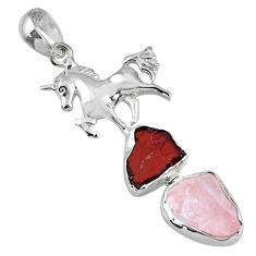 10.59cts natural pink rose quartz rough fancy 925 silver horse pendant r57056