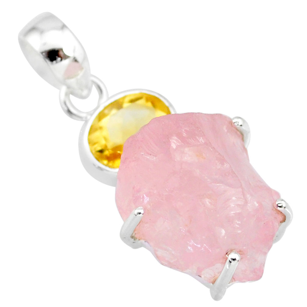 15.65cts natural pink rose quartz raw fancy citrine 925 silver pendant r83105