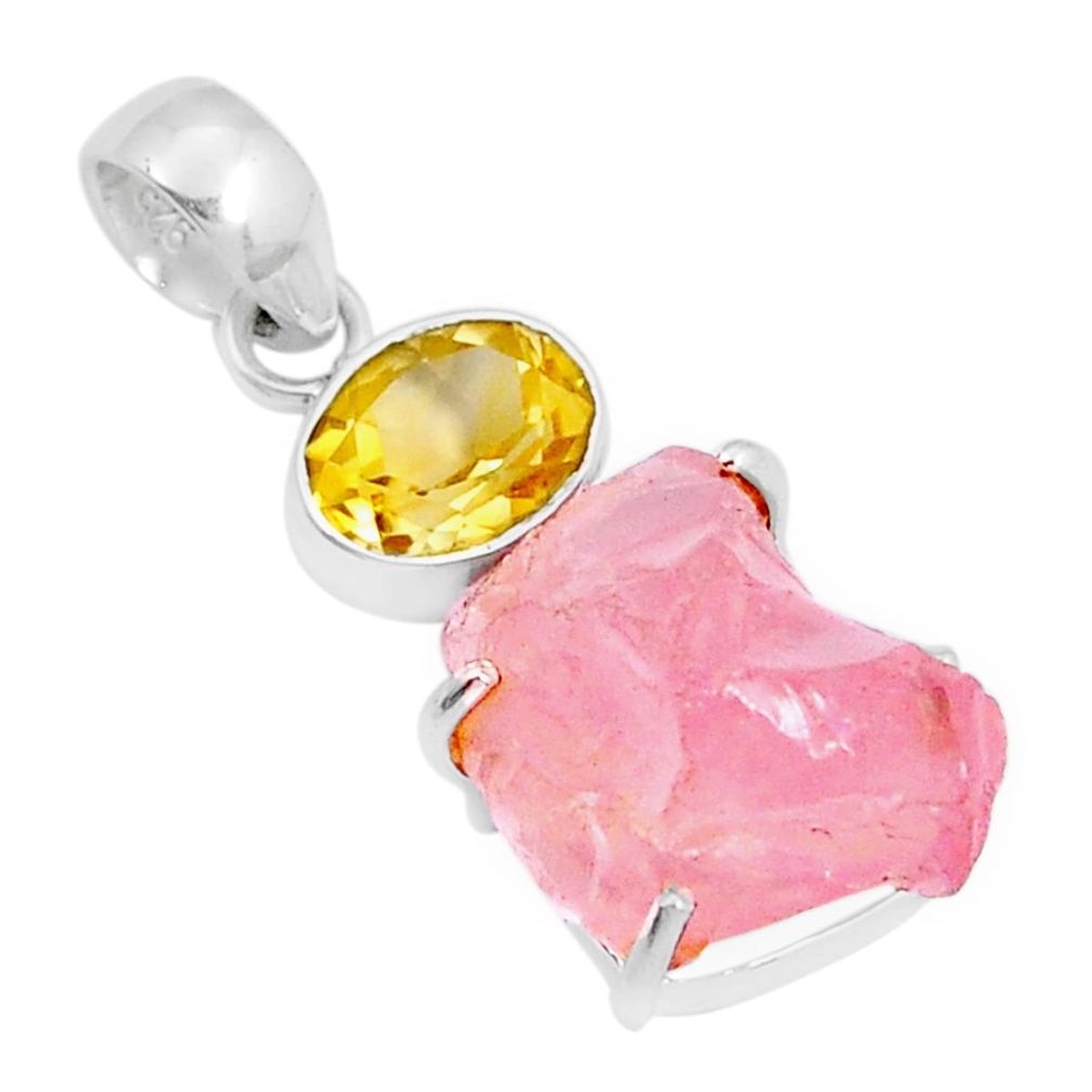 15.31cts natural pink rose quartz rough fancy citrine 925 silver pendant y5655