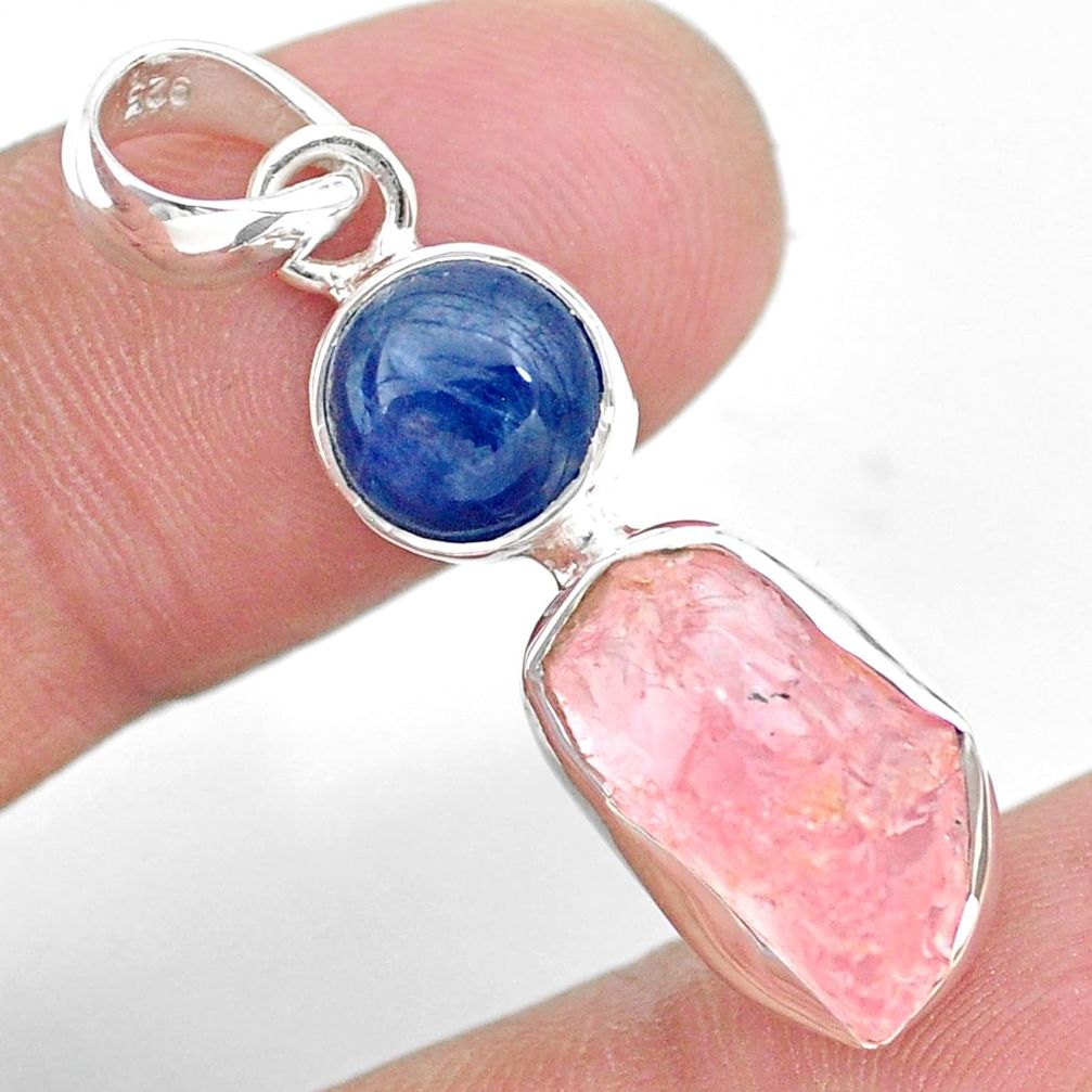 8.24cts natural pink rose quartz raw fancy kyanite 925 silver pendant t25478