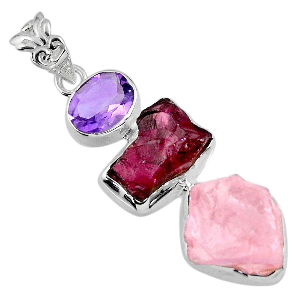 19.65cts natural pink rose quartz rough garnet rough 925 silver pendant r56696