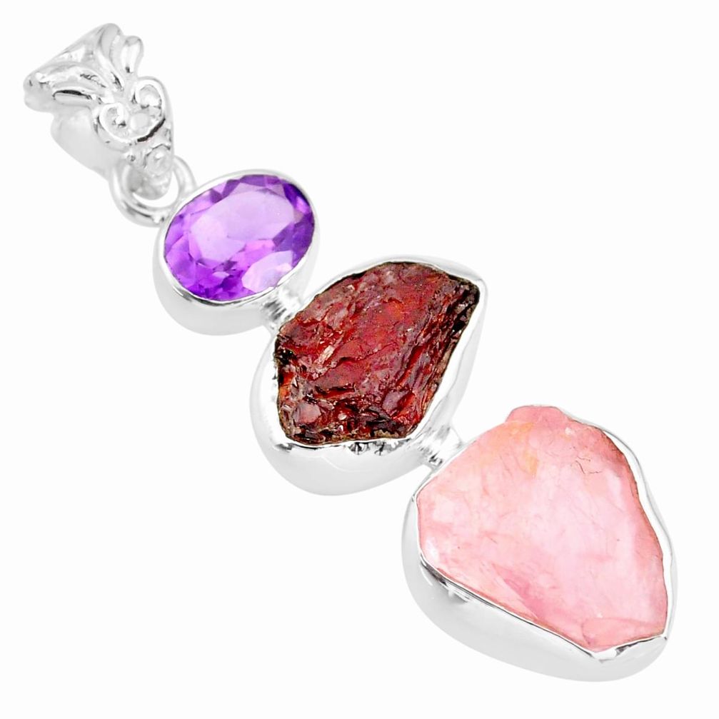 16.87cts natural pink rose quartz raw garnet rough 925 silver pendant r83050