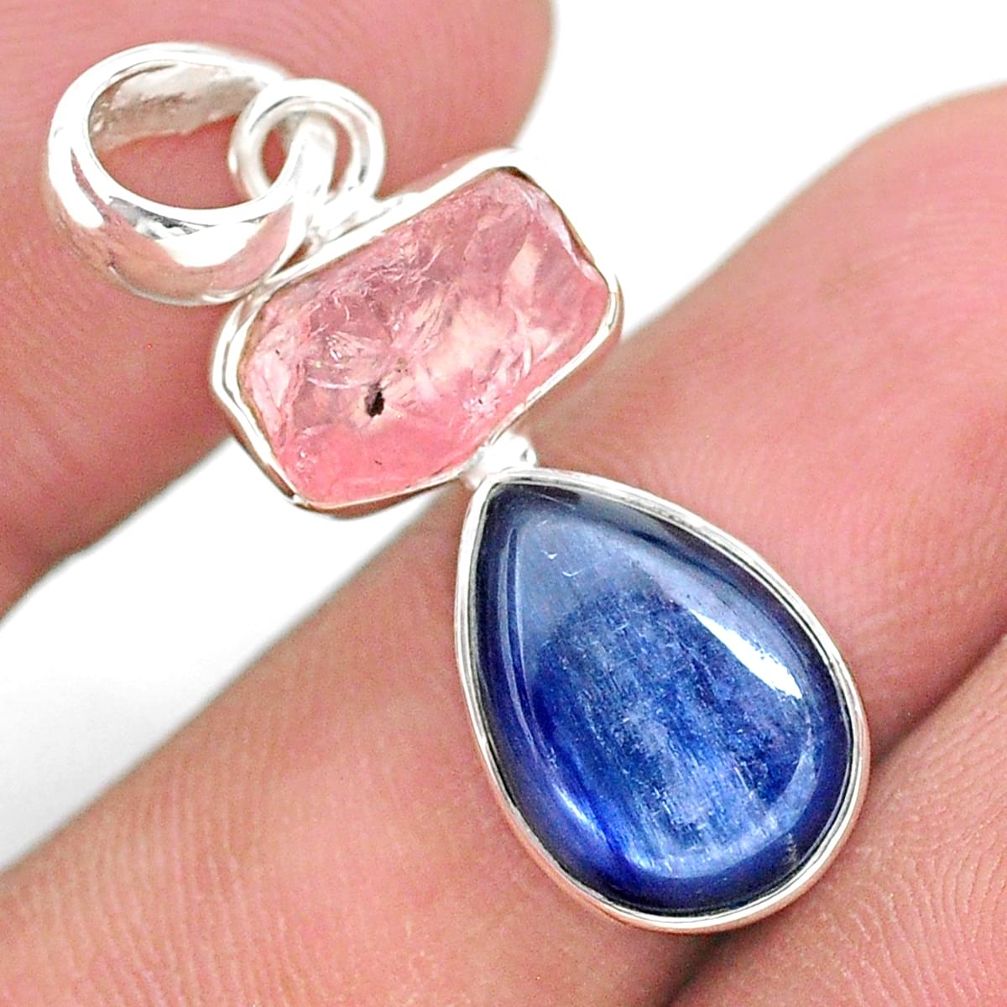 11.07cts natural pink rose quartz raw kyanite pear 925 silver pendant t25540