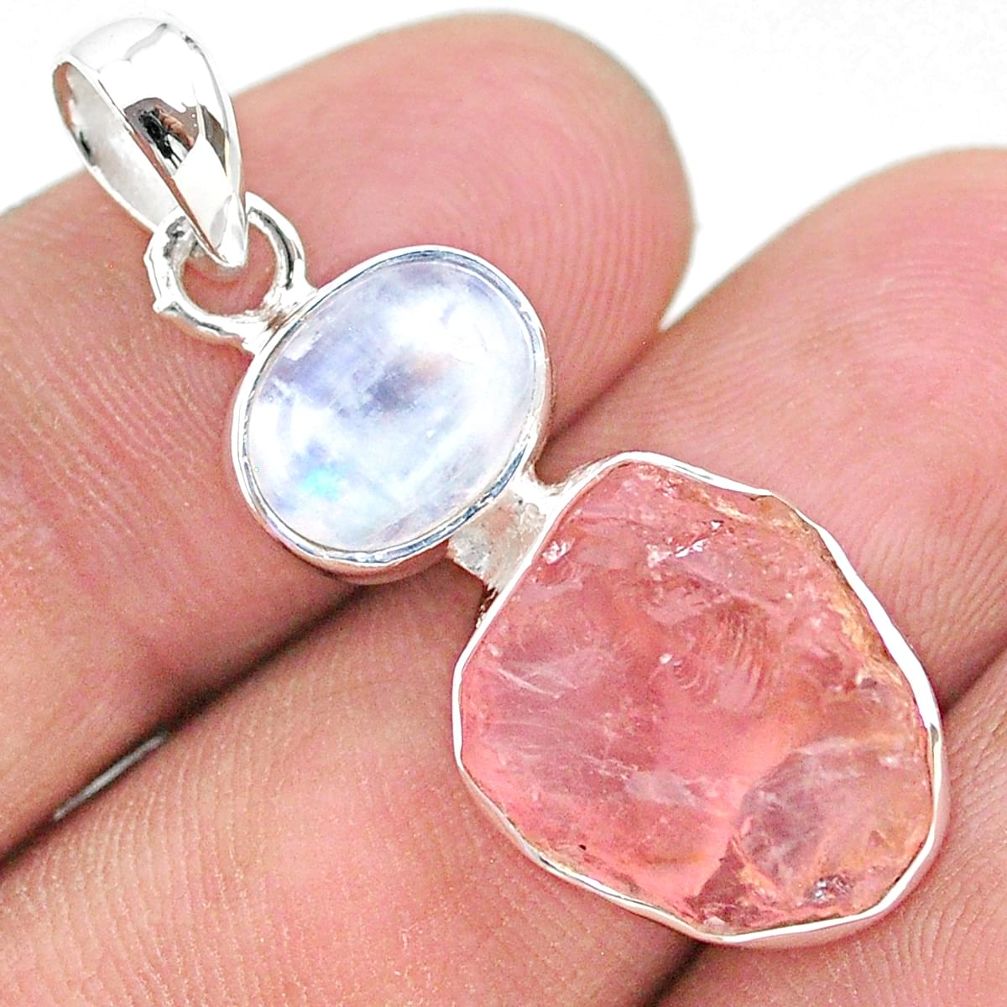 10.69cts natural pink rose quartz raw moonstone 925 silver pendant t25491