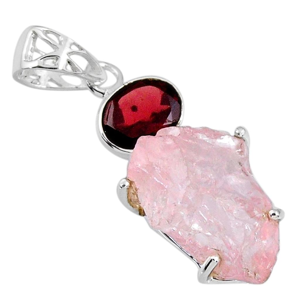 15.65cts natural pink rose quartz rough red garnet 925 silver pendant r57001