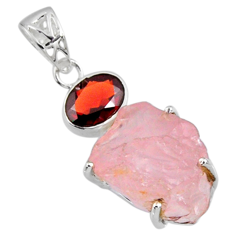 17.24cts natural pink rose quartz rough red garnet 925 silver pendant r57002