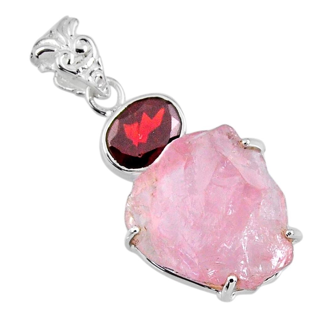 16.85cts natural pink rose quartz rough red garnet 925 silver pendant r57003