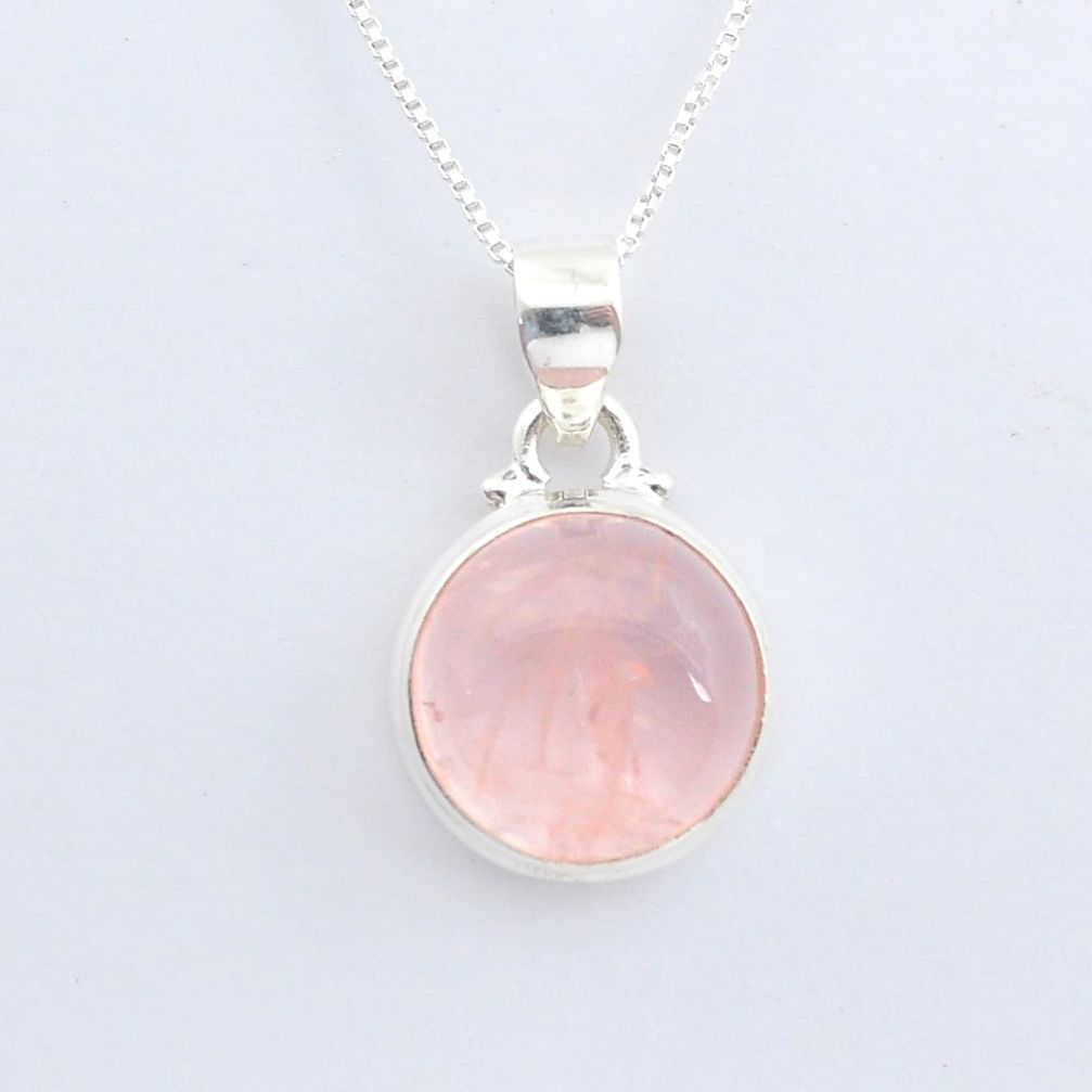 9.06cts natural pink rose quartz round 925 silver 18' chain pendant u56785