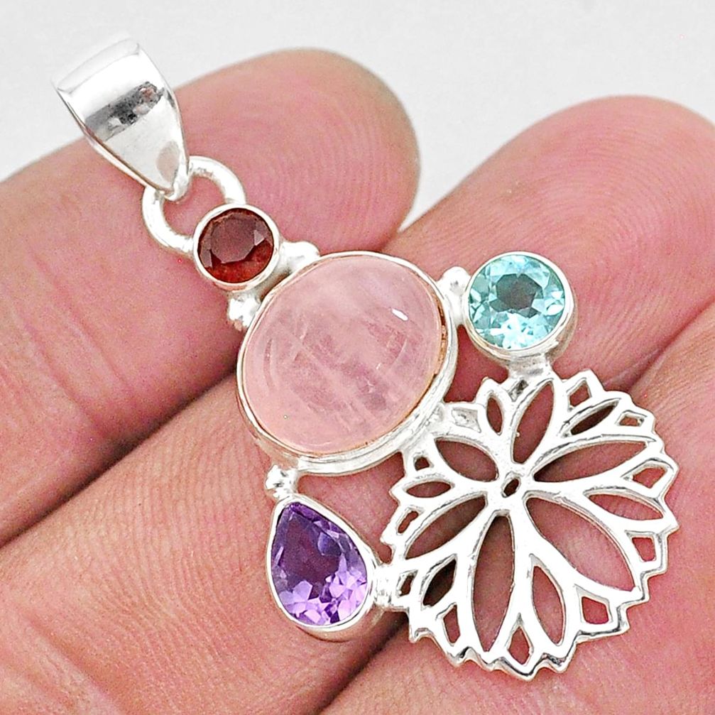 7.12cts natural pink rose quartz topaz amethyst 925 silver flower pendant r96411