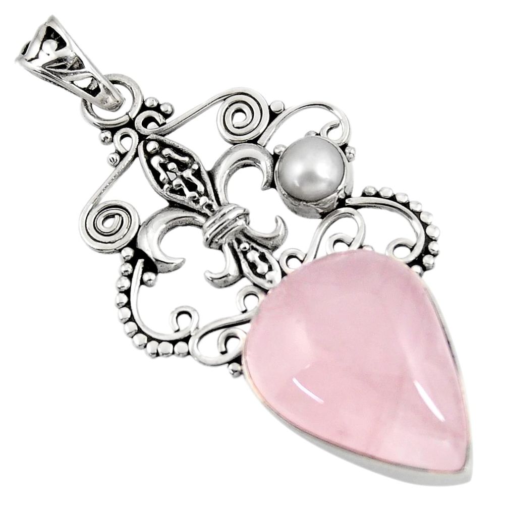 15.67cts natural pink rose quartz white pearl 925 sterling silver pendant d39405