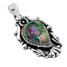 12.65cts natural pink ruby in fuchsite 925 sterling silver flower pendant n33126