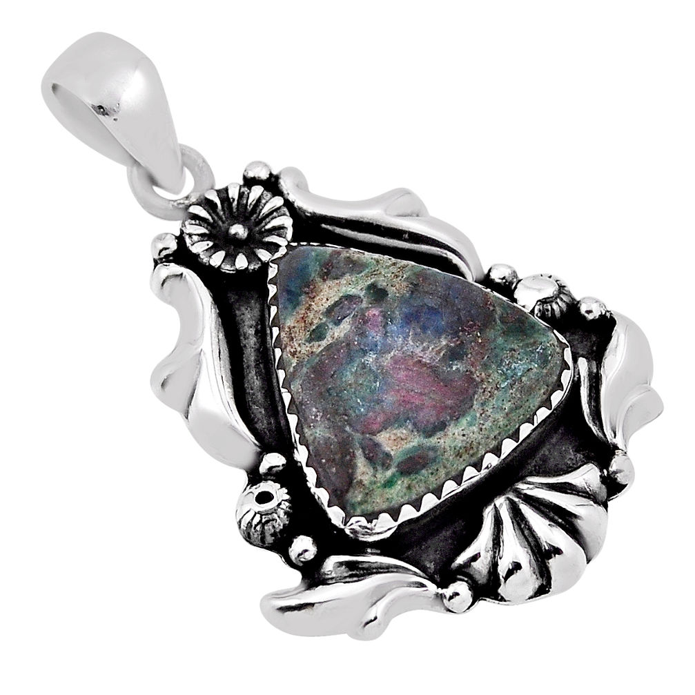 13.00cts natural pink ruby in fuchsite trillion sterling silver pendant n34009