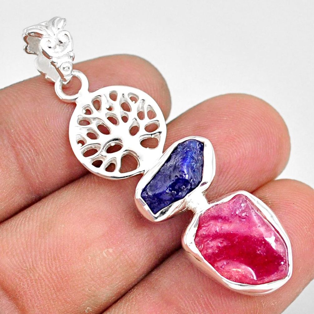 11.89cts natural pink ruby raw 925 silver tree of life handmade pendant r80800