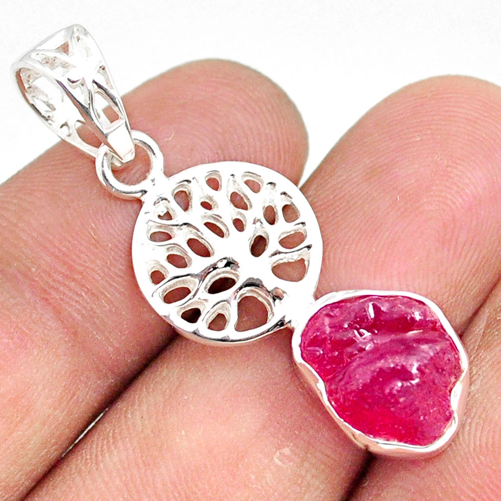 5.53cts natural pink ruby raw 925 sterling silver tree of life pendant r80880