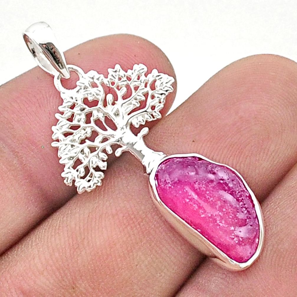 5.28cts natural pink ruby rough 925 sterling silver tree of life pendant u42201
