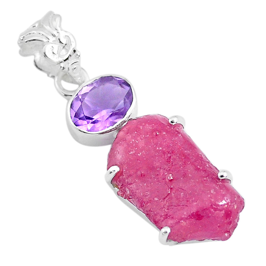 17.39cts natural pink ruby raw amethyst 925 sterling silver pendant t6447