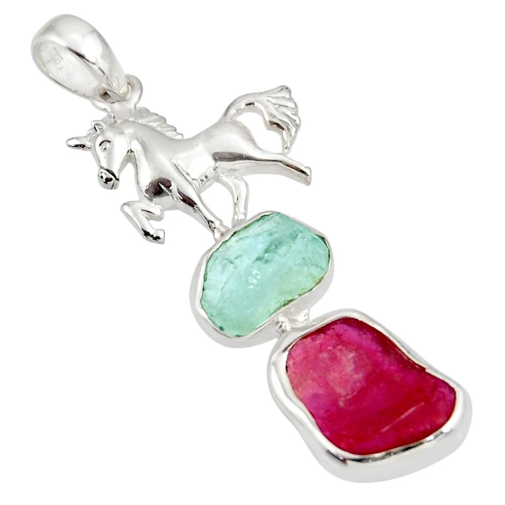 16.46cts natural pink ruby rough aquamarine rough silver horse pendant d39217