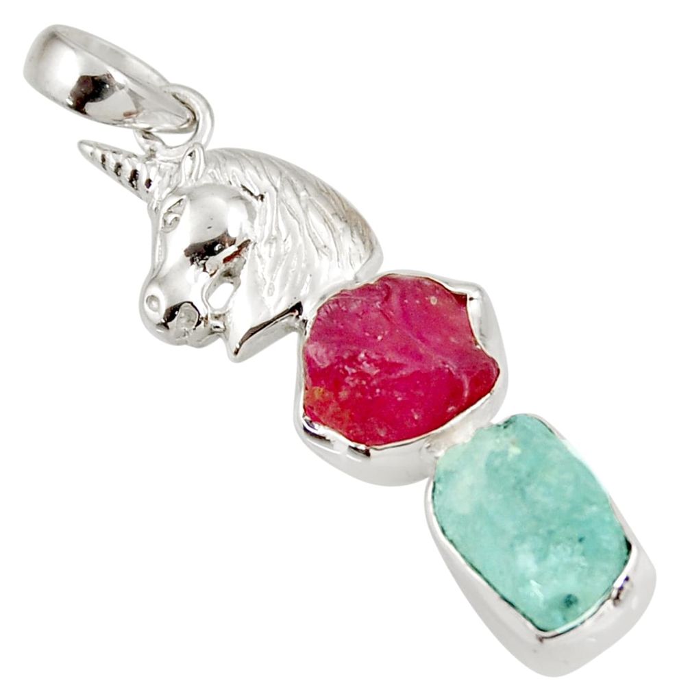 14.41cts natural pink ruby rough aquamarine rough silver horse pendant d39219