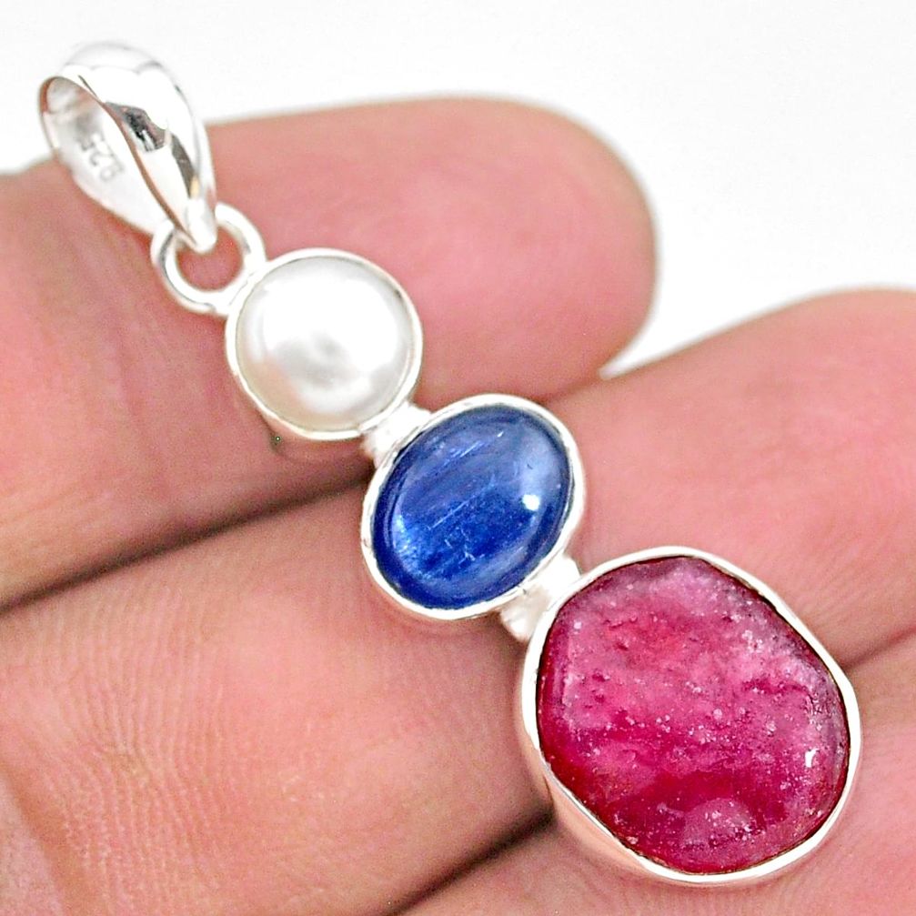 12.60cts natural pink ruby raw pearl kyanite 925 silver pendant jewelry t25422