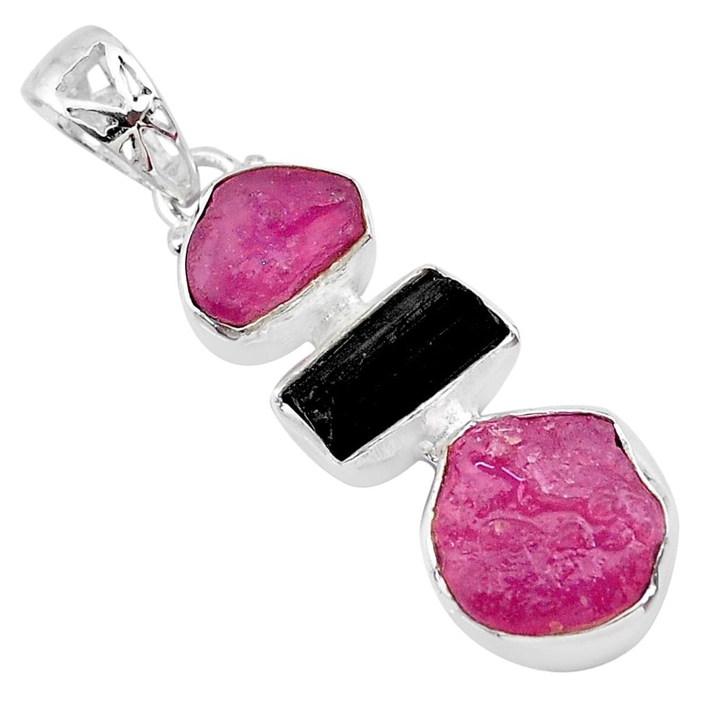 12.10cts natural pink ruby raw tourmaline raw 925 silver pendant t33355