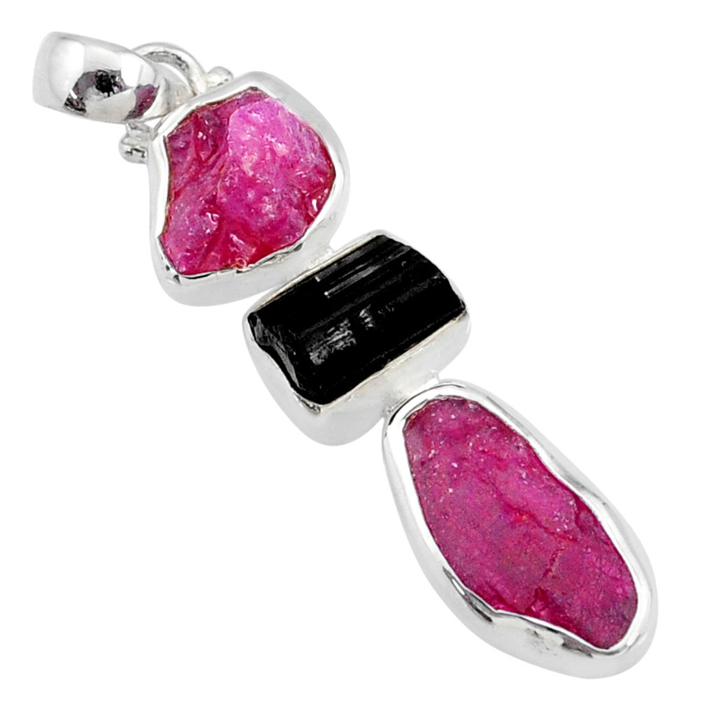 14.40cts natural pink ruby raw tourmaline rough 925 silver pendant r73083