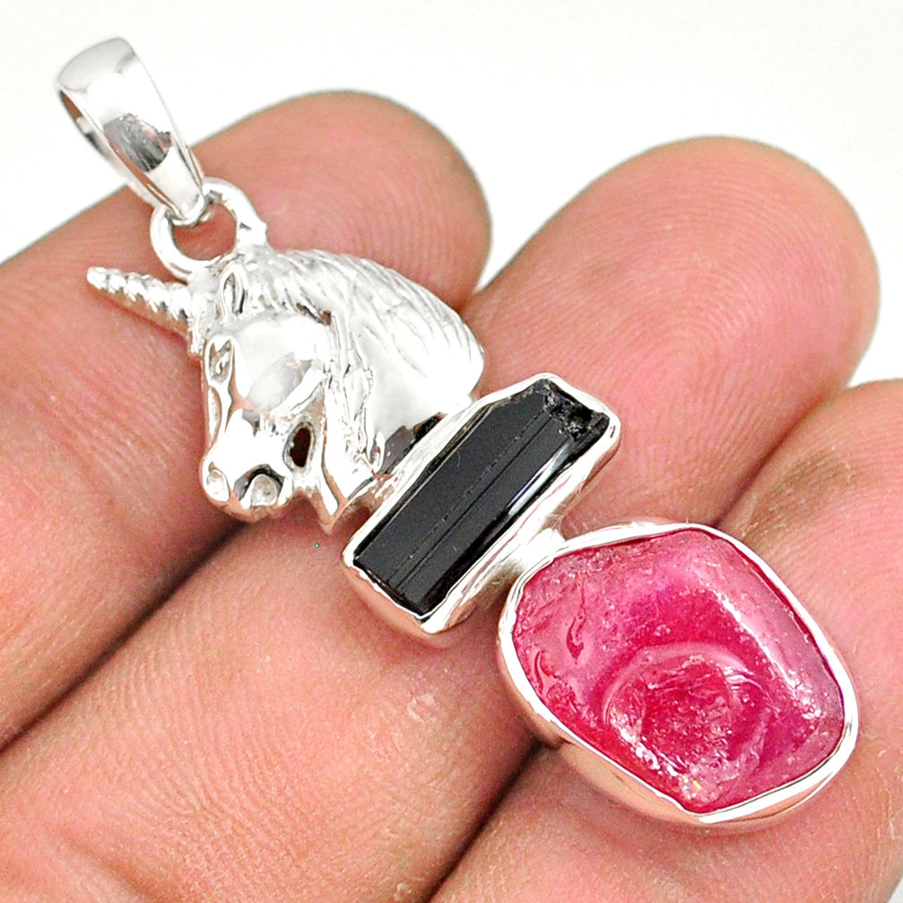 12.72cts natural pink ruby raw tourmaline rough silver horse pendant r80777