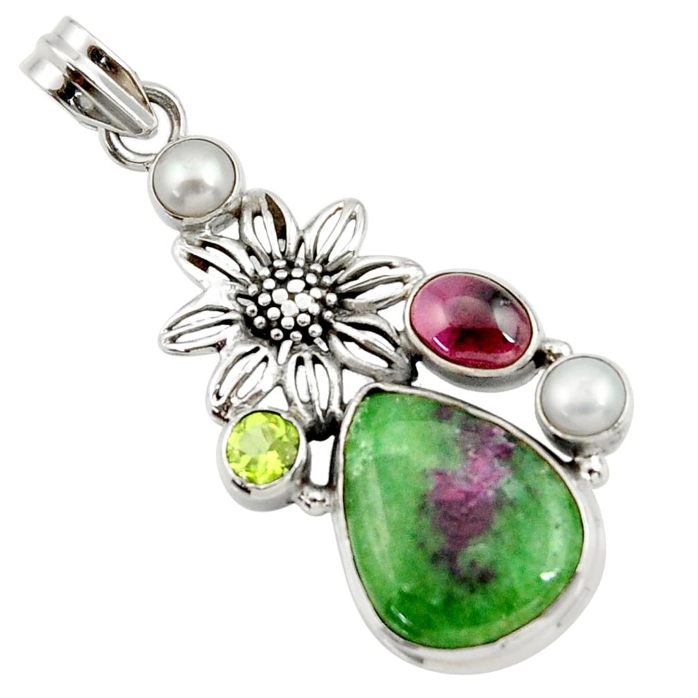 20.86cts natural pink ruby zoisite garnet pearl 925 silver flower pendant d43192