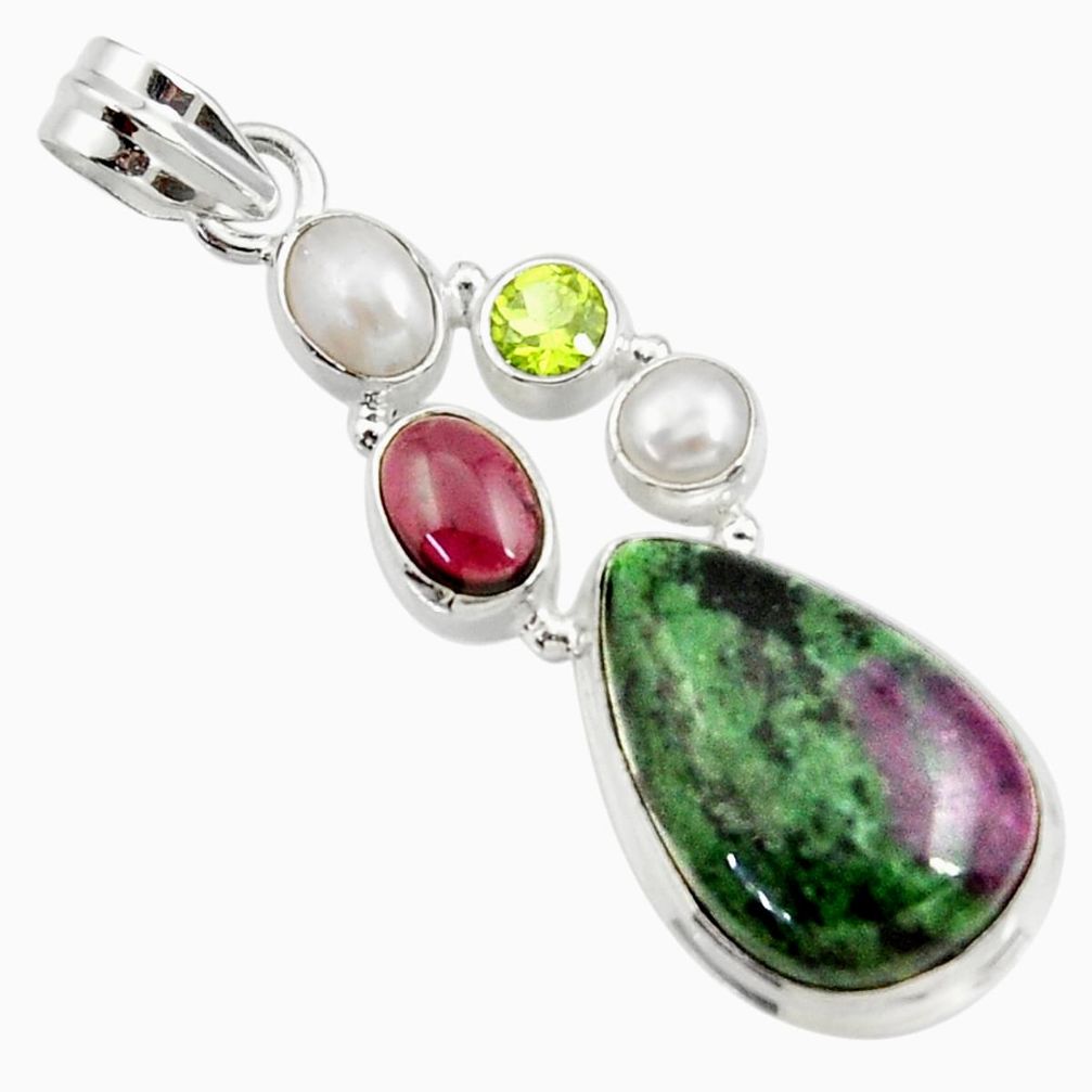 18.17cts natural pink ruby zoisite garnet pearl peridot silver pendant d43152