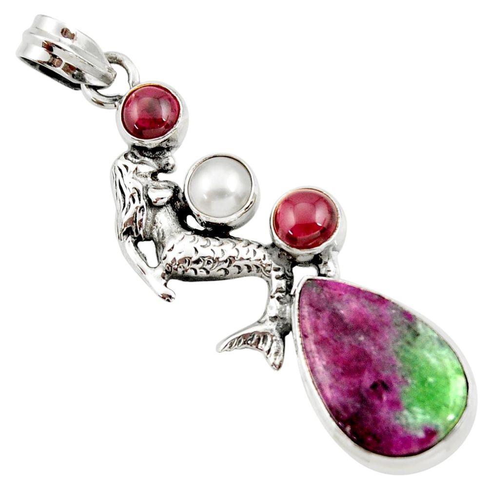 17.81cts natural pink ruby zoisite pearl 925 silver fairy mermaid pendant d42313