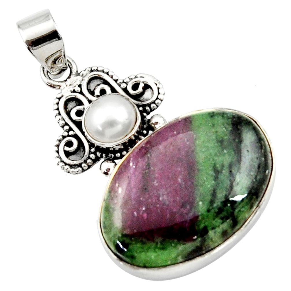 26.65cts natural pink ruby zoisite white pearl round 925 silver pendant d43188