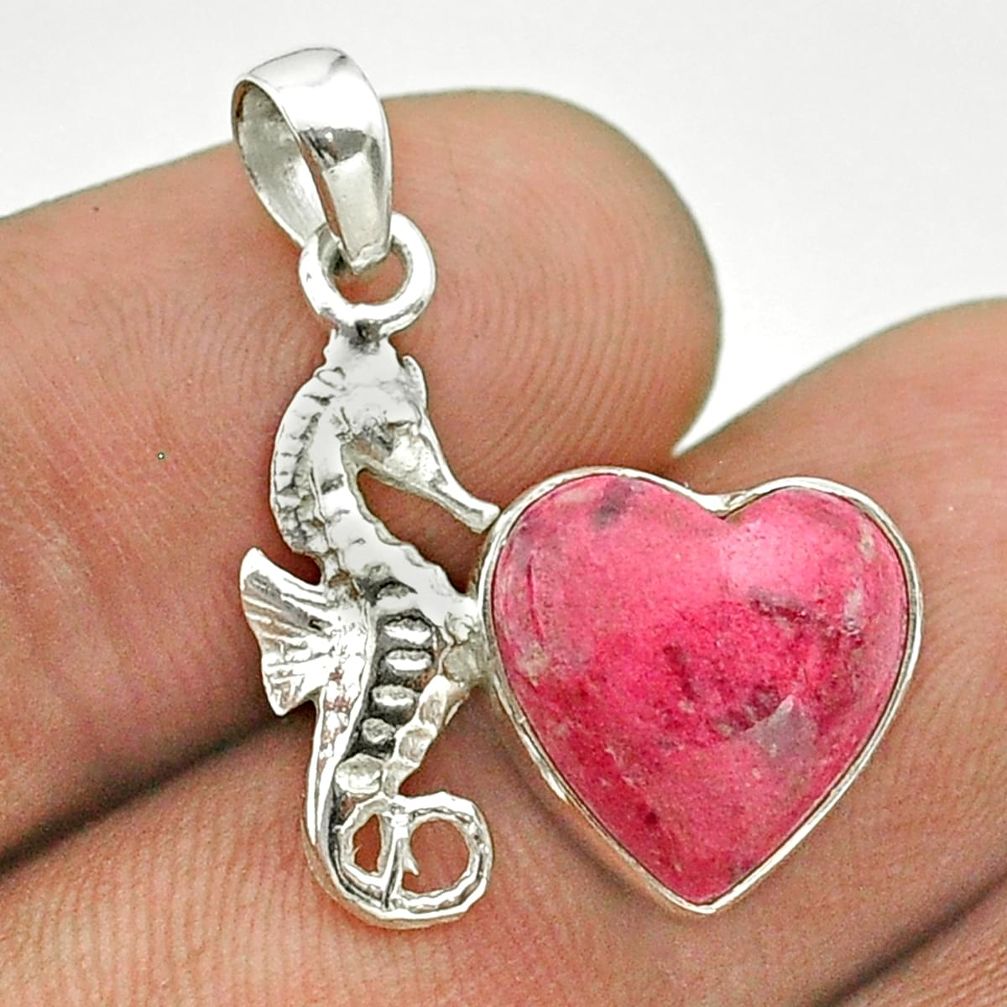 5.87cts natural pink thulite heart shape 925 silver seahorse pendant t55318