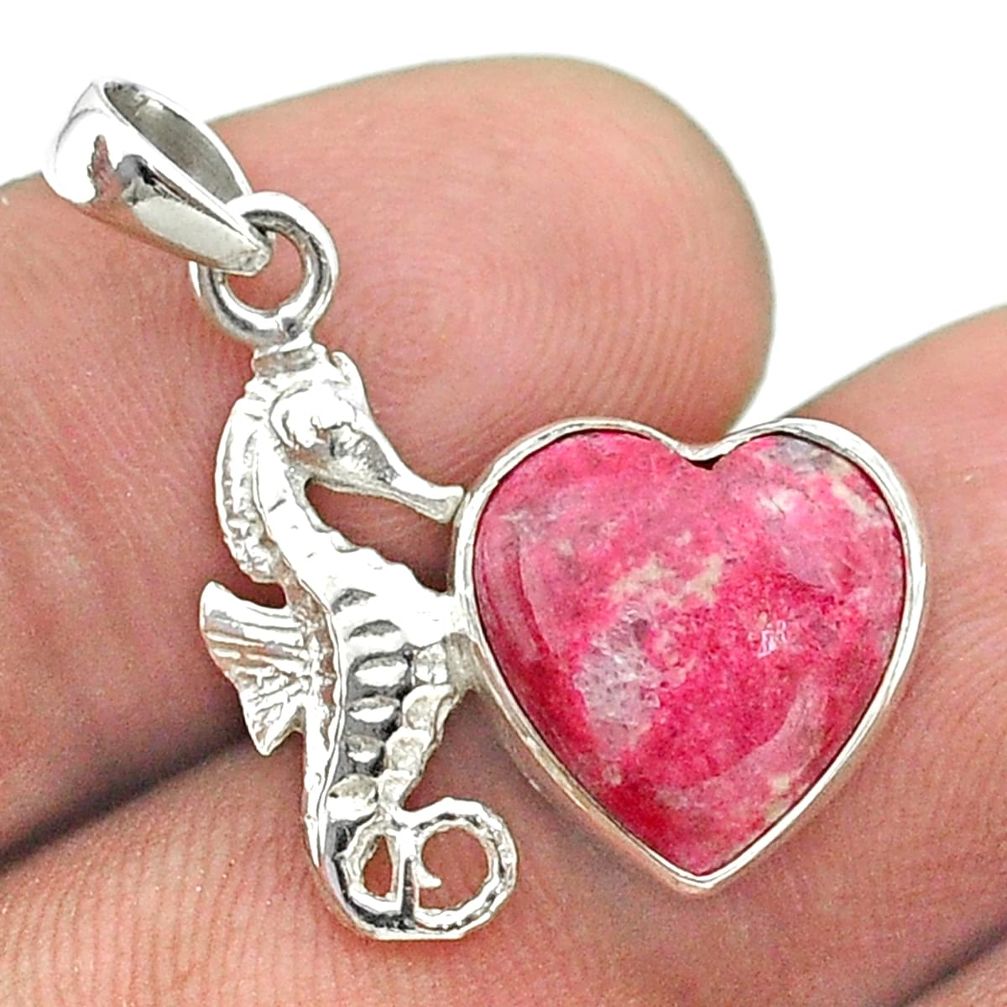 5.87cts natural pink thulite heart shape 925 silver seahorse pendant t55488