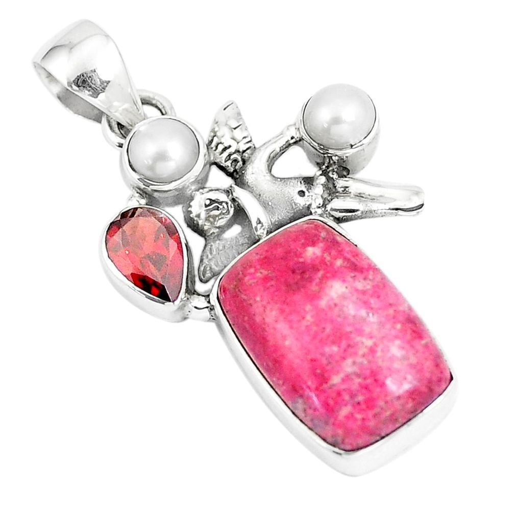Natural pink thulite pearl garnet 925 silver cupid angel wings pendant p5405