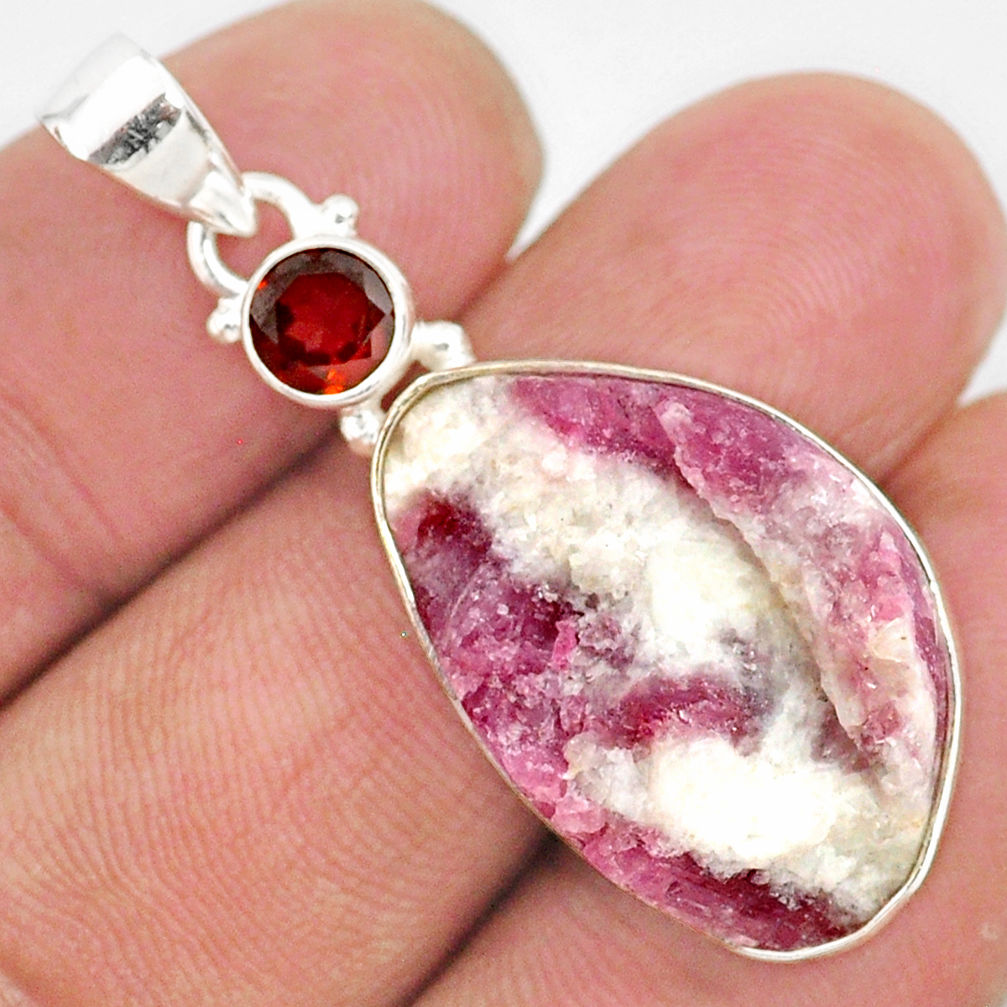 14.23cts natural pink tourmaline in quartz garnet 925 silver pendant r85726