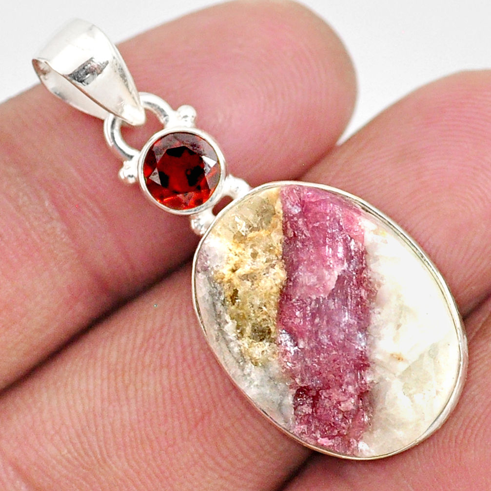 17.18cts natural pink tourmaline in quartz red garnet 925 silver pendant r85727