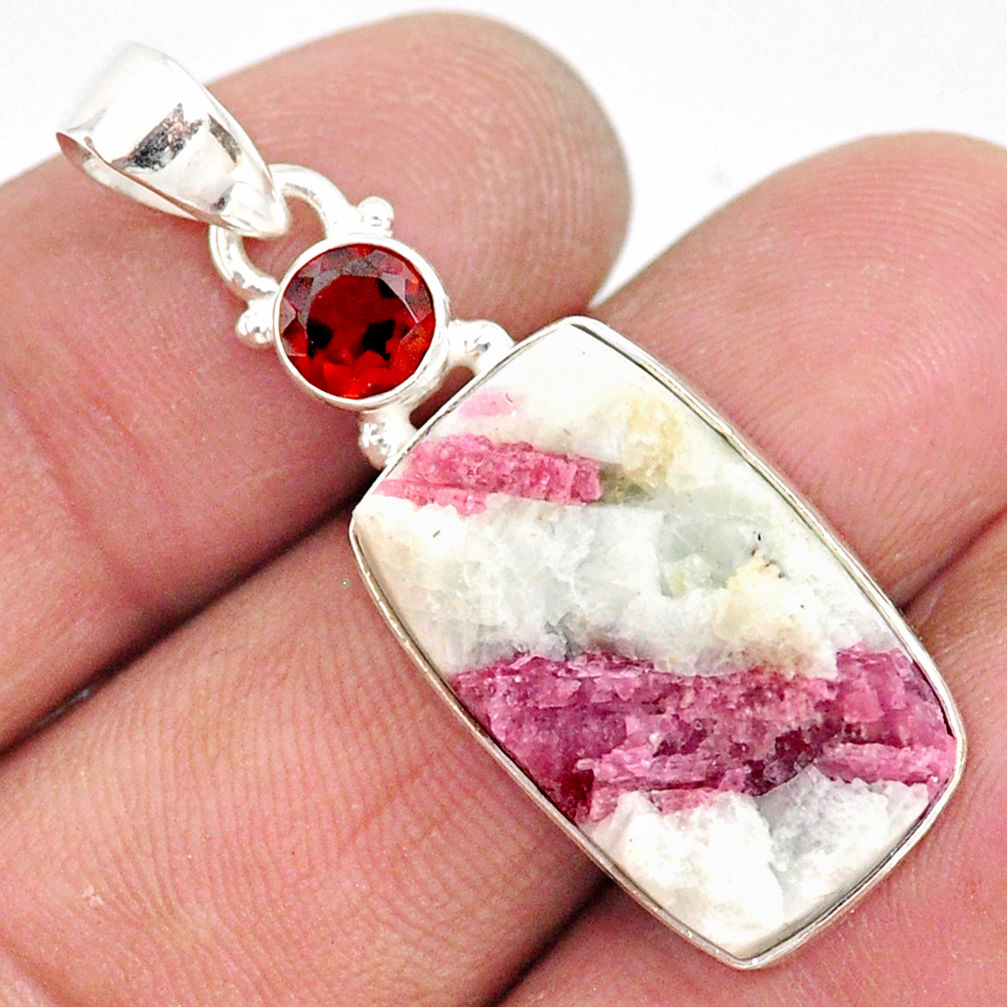 15.65cts natural pink tourmaline in quartz red garnet 925 silver pendant r85743