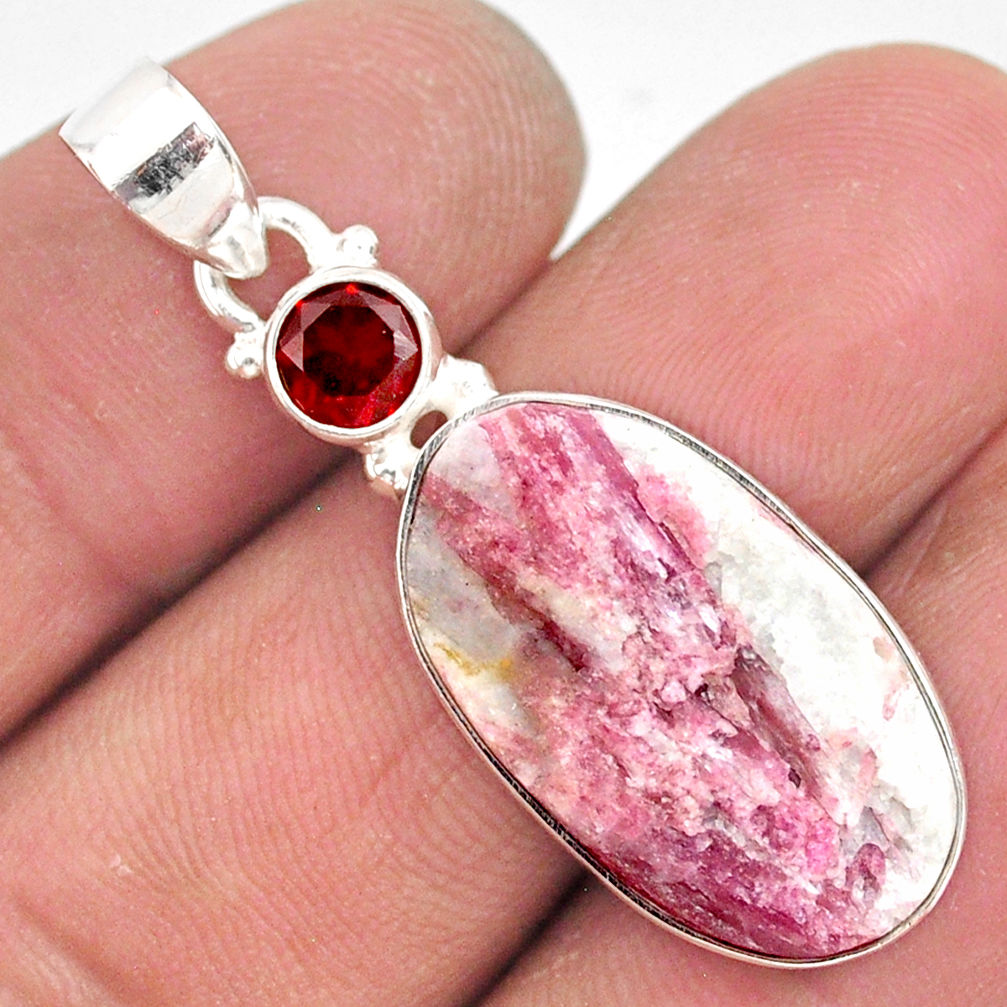 14.12cts natural pink tourmaline in quartz red garnet 925 silver pendant r85752