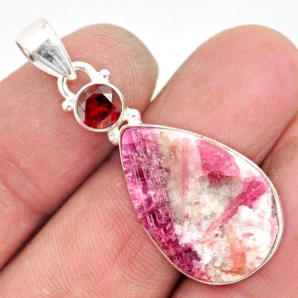 15.08cts natural pink tourmaline in quartz red garnet 925 silver pendant r85755