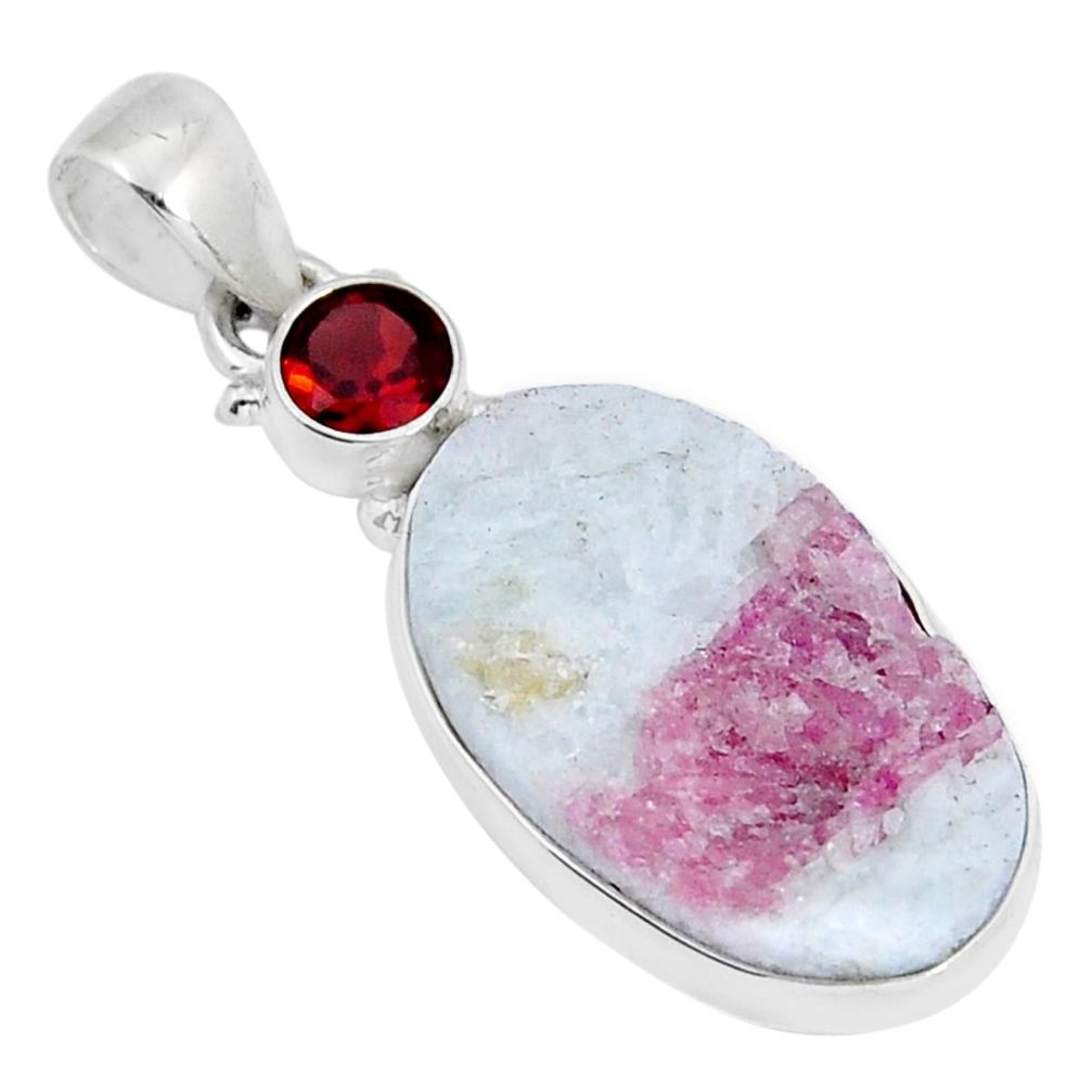 13.15cts natural pink tourmaline in quartz red garnet 925 silver pendant y5281