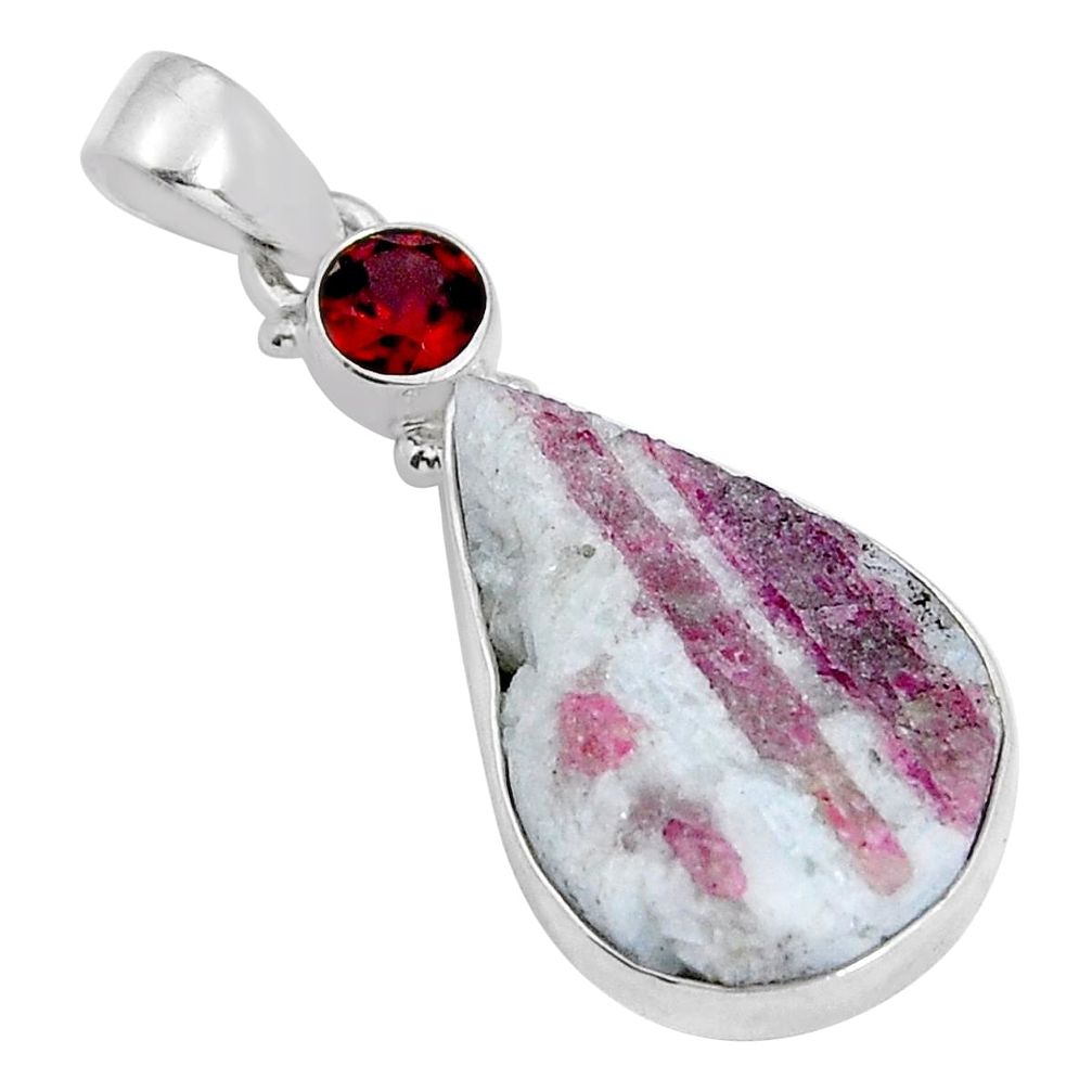 14.09cts natural pink tourmaline in quartz red garnet 925 silver pendant y5432