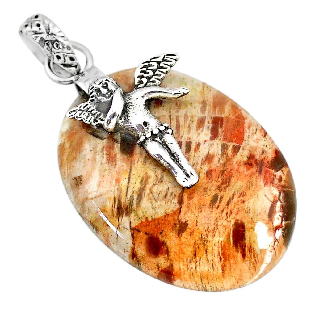 28.86cts natural plum wood jasper 925 silver cupid angel wings pendant r91283