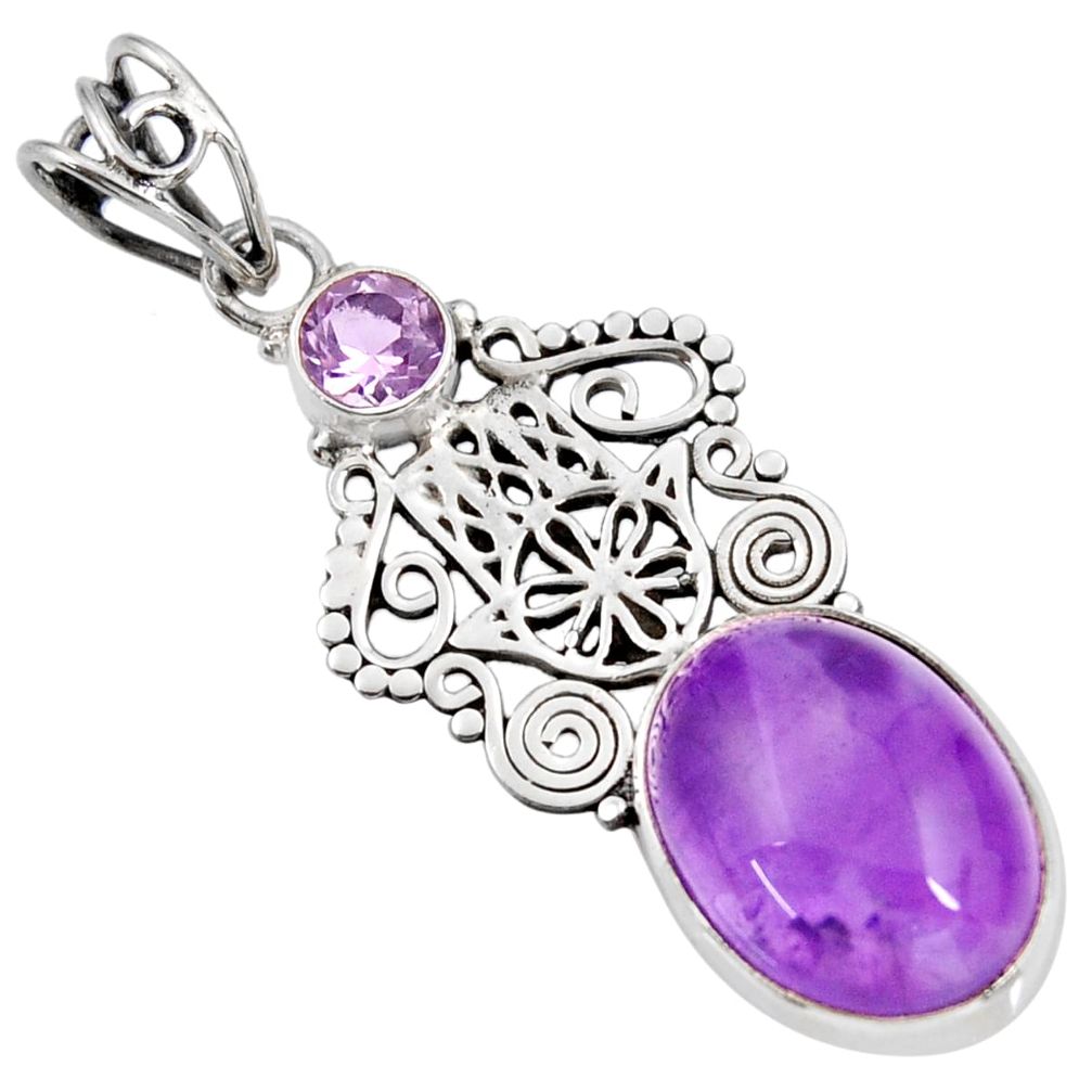 11.66cts natural purple amethyst 925 silver hand of god hamsa pendant d39473