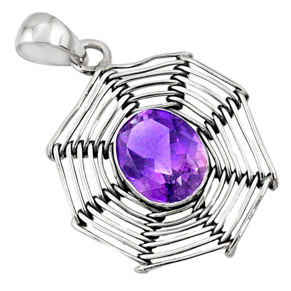 5.30cts natural purple amethyst 925 silver spider web pendant r67543