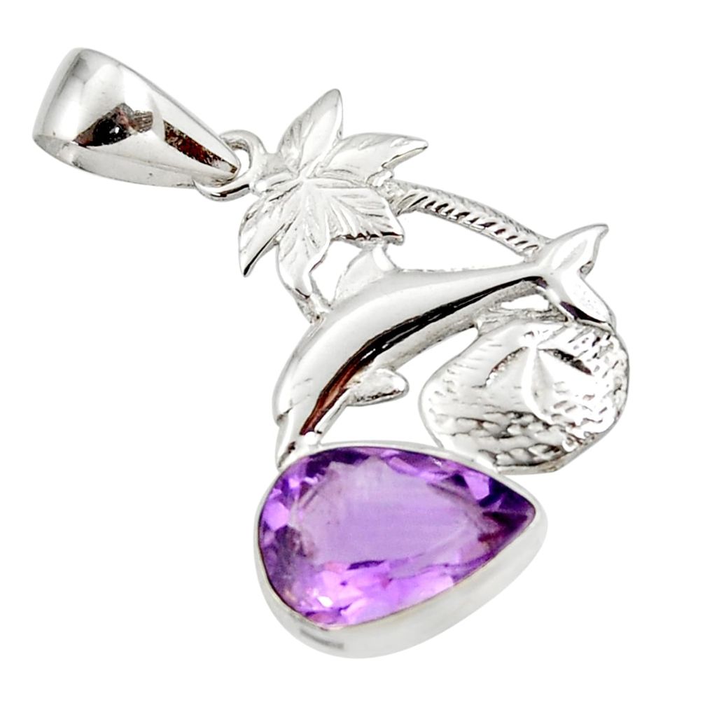 5.53cts natural purple amethyst 925 sterling silver dolphin pendant d43770